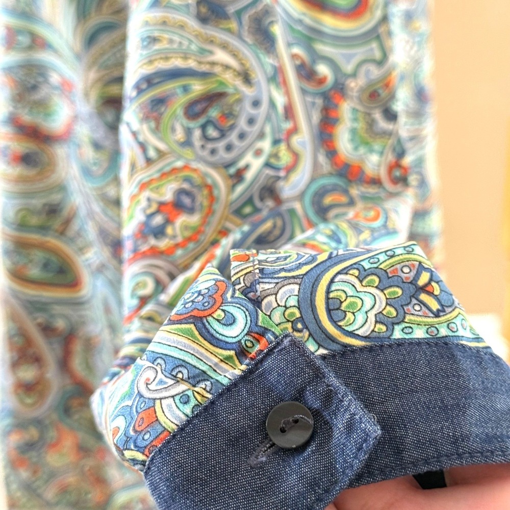 Liz Claiborne Petite‎ Paisley Split Neck Blouse Blue Orange Green PL Long Sleeve - Picture 3 of 11